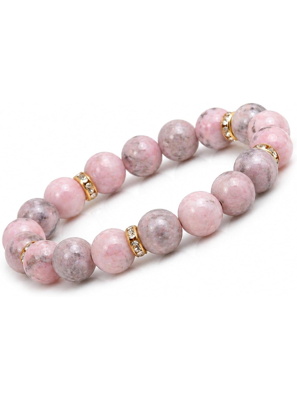 Anthropologie Pink Rhodonite Bead Bracelet with Gold Rhinestone Spacers
